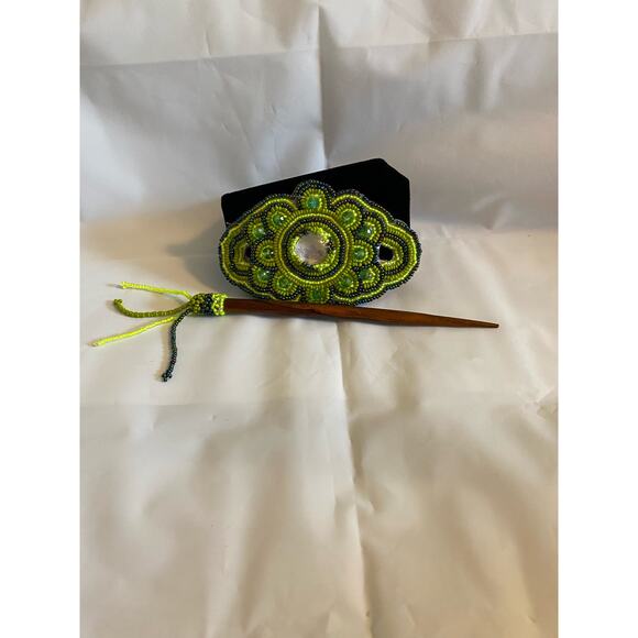 Handmade Beaded Ponytail Hair Accessory Green/Multi Tone Ponytail Beaded BoHo - Picture 4 of 6